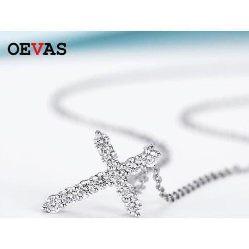 OEVAS 100% 925 Sterling Silver Sparkling High Carbon Dimaomd Cross Pendnat Necklaces For Women 3A Zircon Party Fine Jewelry Gift
