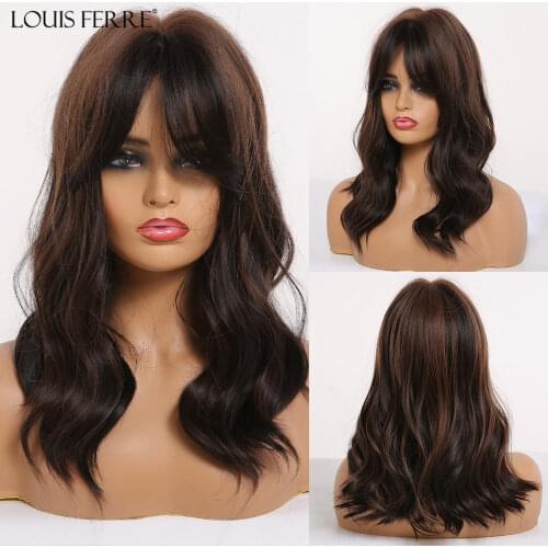 LOUIS FERRE Medium Wavy Highlight Black Brown Synthetic Wigs Cosplay Wig With Bangs For Black Woman Afro Heat Resistant Fibre
