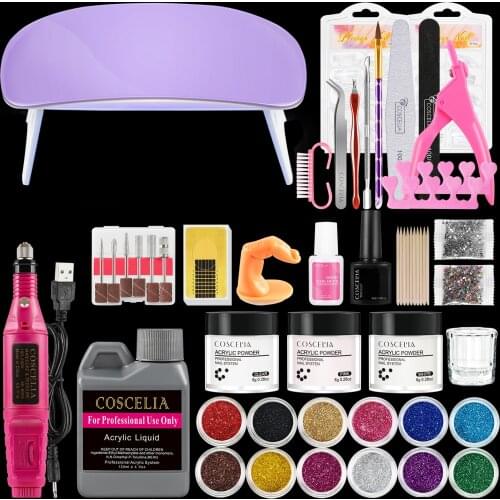 Acrylic Powder Nail Extension Kit With 6w LED UV Dryer Lamp Electric Drill Machine 120ML Liquid Manicure Carving Decoration Tool