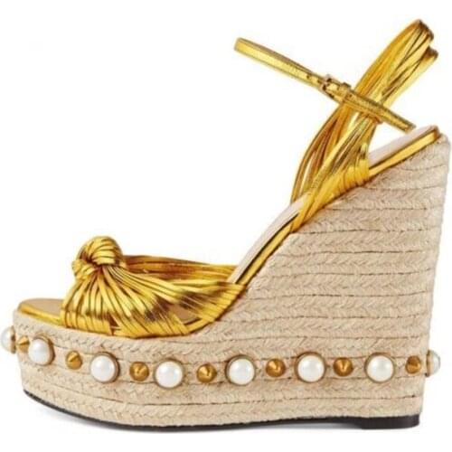 Gold buckle strap platform wedge sandal for woman Summer peep toe rivets and pearls decorations gladiator shoes