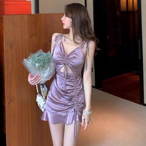 Sexy Dresses Party Night Club Dress 2021 Satin Mini Cutout Ruched Ruffle Elegant Backless Lace Up Dress Prom Bridesmaid Dresses