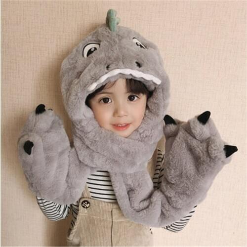 Winter Cute Baby Hat with gloves Add plush thicken Cartoon Dinosaur Warm Kids Girl Boy Beanie Cap Ear Protection Children