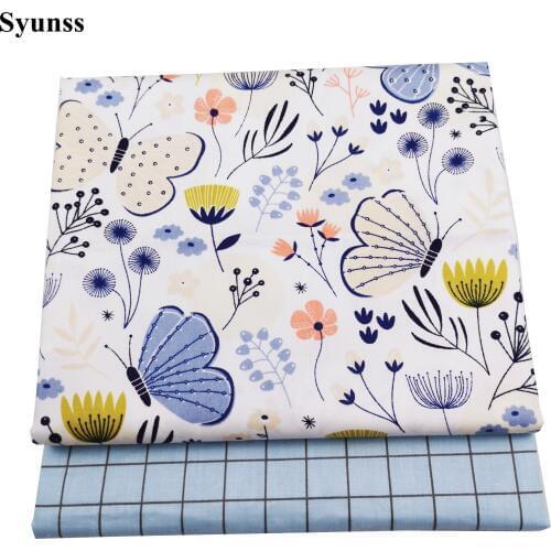 Syunss Diy Patchwork Cloth For Quilting Baby Cribs Cushions Dress Sewing Tissus Blue Butterfly Grid Printed Cotton Fabric Tecido