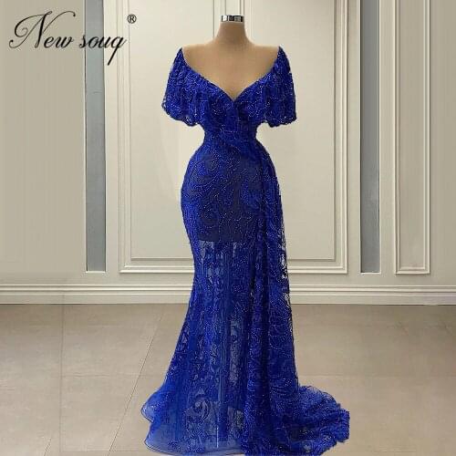 Heavy Beaded Party Dress Arabic Royal Blue Illusion Evening Dresses Plus Size Dubai Crystal Celebrity Prom Dresses Middle East