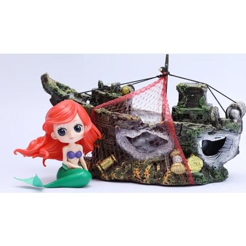 [Funny] Mermaid & Boat scene action figure Mermaid and abandoned shipwreck ship on the seabed Fish tank decoration gift