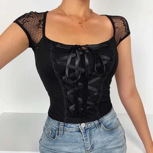 Sexy Street T-shirt Women Lace Patchwork Square Collar Short Sleeve Clothes Gothic Punk Lacing Slim Dark Top Tee Femme