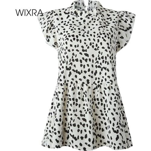 Wixra Womens Short Sleeve Blouses Ruffles Stylish Leopard Print Tops Loose Shirts For Summer Streetwear