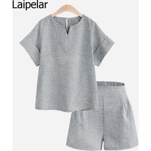 Summer Autumn Women Two Piece Set Casual Polyester Tops + Short Soild Female Office Plus Size Suit Set Short Sleeve Sets