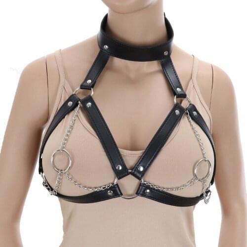 Gothic PU Leather Hollow Out Tank Metal O-Ring Link Chains for Women Bondage Belts Party Club Festival Rave Sexy Crop Tops