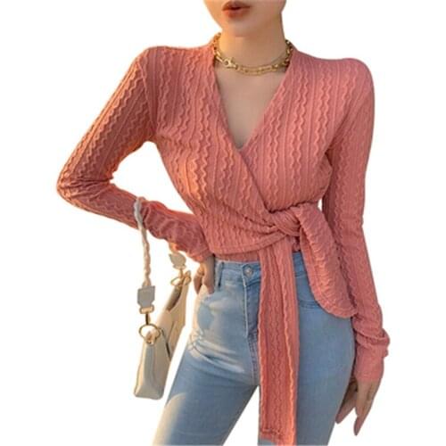 New Spring Autumn Female Sweaters Slim Designed Strap Cross Pleated V-Neck Long Sleeve Womens Knitted Sweater Lady Pullover Tops