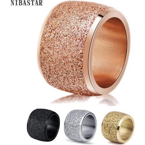 Fashion 16mm Wide High Quality Frosted Ring Rose Gold-color Stainless Steel Women Wedding Engagement Ring Jewelry