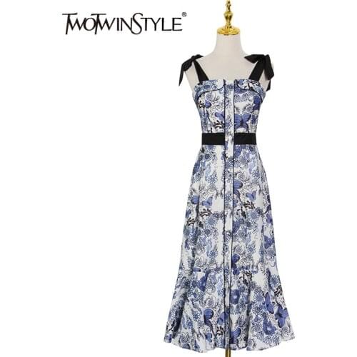 TWOTWINSTYLE Casual Print Dress For Women Square Collar Sleeveless High Waist Hit Color Tunic Midi Dresses Female Summer Stylish