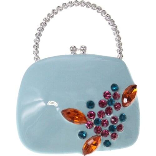10pcs Hand Bag With Flower Blue Enamel And Multi Color Rhinestone Pin Brooch For Women