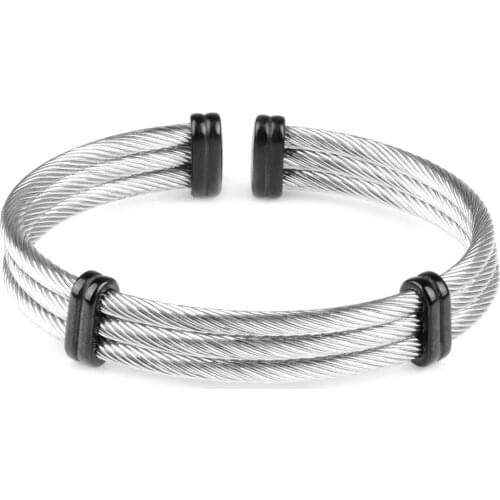 3 Layers Cable-wire Chain Bracelets Black Stainless Steel Stretchable Charm Punk Style Fashion Simple Bangles For Men