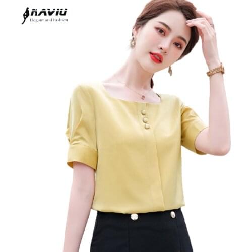 Yellow Short Sleeve Shirt Women Summer 2021 New Fashion Temperament High End Chiffon Blouses Office Ladies Work Tops