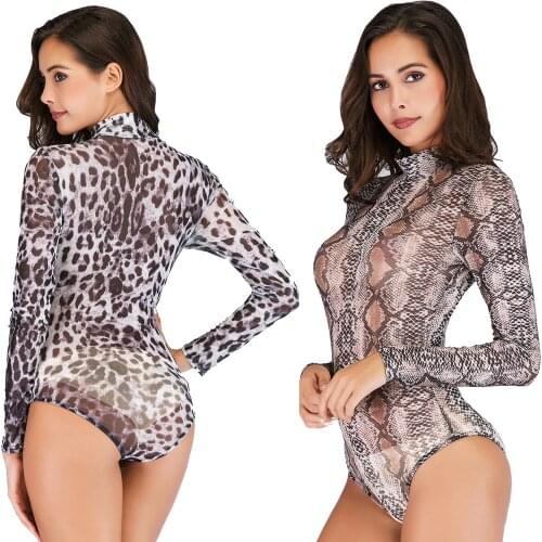 Sexy Bodysuit Women Jumpsuit Bodycon Jumper Body Underwear Transparent See Through Lace Mesh Serpentine Snake Skin Leopard Print