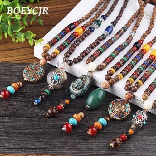 BOEYCJR 10 Styles Available PANGA-PANGA Wood Beads Necklace Handmade Jewelry Nepal Ethnic Pendant Necklace for Men or Women