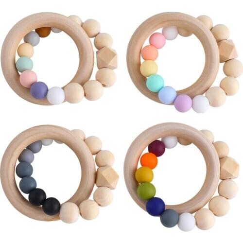Baby Nursing Bracelets Rainbow Silicone Teether Wood Teething Rattles Nursing Toys Gift