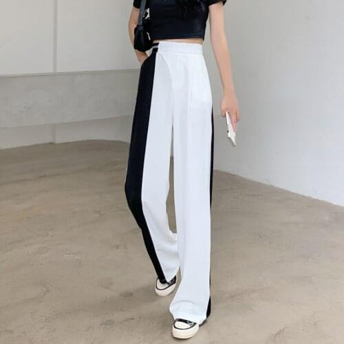 High Waistline Black And White Contrast Pants Loose Straight Wide Leg Pants Patchwork Women Trousers White Black