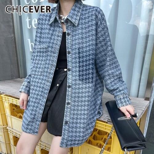 CHICEVER Streetwear Denim Blouses For Women Lapel Single Breasted Patchwork Pockets Patterned Shirts Female 2021 Autumn Clothing