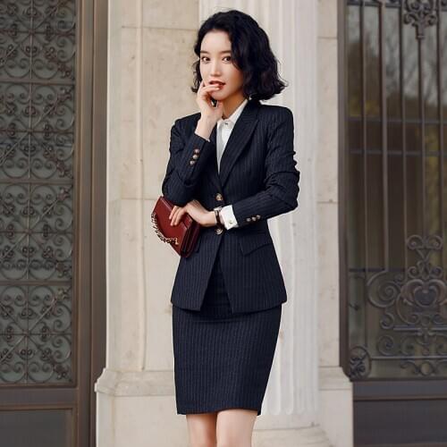 Business Womens Formal Wear High Quality Female Suit Skirt Two-piece Autumn and Winter Striped Ladies Jacket Slim-fit Skirt