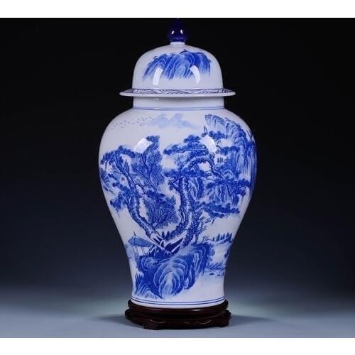 Jingdezhen Porcelain jar Ornaments Antique Blue And White Landscape Temple Jar Storage pot Chinese ceramic ginger jar vase