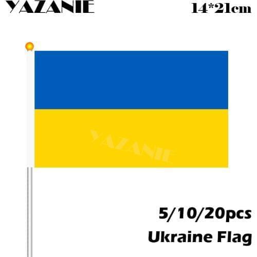 YAZANIE 14*21cm 5/10/20pcs Small Ukraine National Flag #8 polyester Flag Wholesale Hand Waving Flags with Plastic Flagpoles