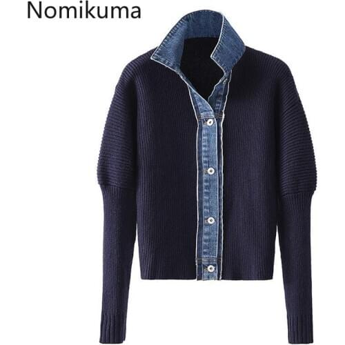 Nomikuma Cardigan Sweater Women 2020 Autumn Winter Knitwear Korean Demin Patchwork Knitted Coat Turn-down Collar Jacket 6D340
