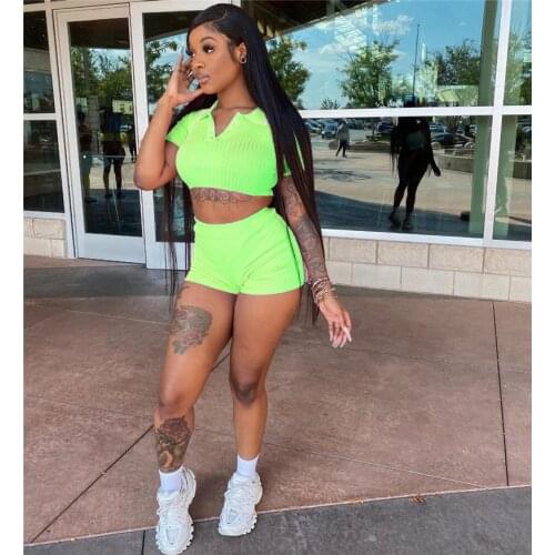 Summer women fitness tracksuit 2 pieces set slim knitted crop top + shorts pants active wear outfits skinny stretch outwear