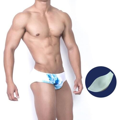 Mens Cup Padded U -pouch Bag Push Up Three-dimensional Bag Swimming Suits Chinese Style Ink Painting Blue Lily Swimming Briefs