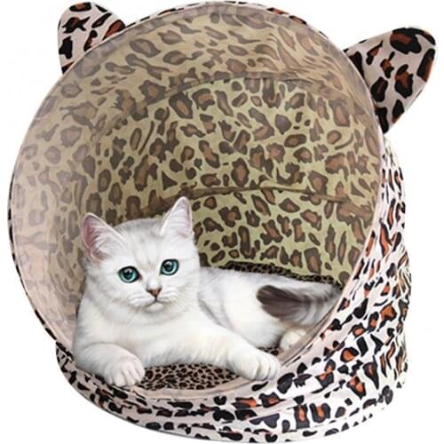 Soft Comfortable Leopard Pattern Foldable Cat Dog Nest Kitten Mat Sleeping Bag Kennel Tree Hole With Ear Ornament Pet House
