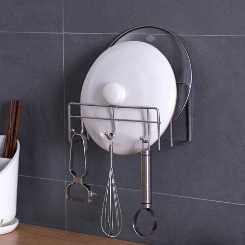 Wall Mounted Punch Free Metal Drying Pan Pot Rack Cover Multifunction Sink Spong Dish Draining Rack Pot Lid Holder For Kitchen
