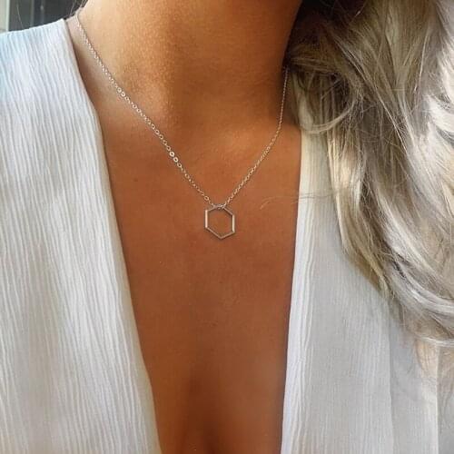 Simple Personality Stainless Steel Geometric Hexagon Pendant Necklace Mens and Womens Couple Collar Jewelry Best Gift