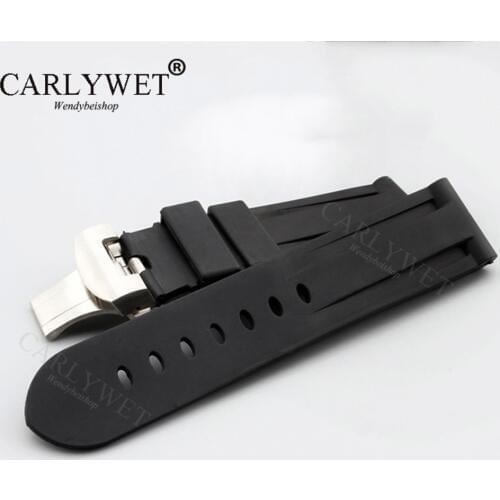 CARLYWET 24mm Black Waterproof Silicone Rubber Replacement Wrist Watch Band Strap with Silver Black Clasp For Luminor