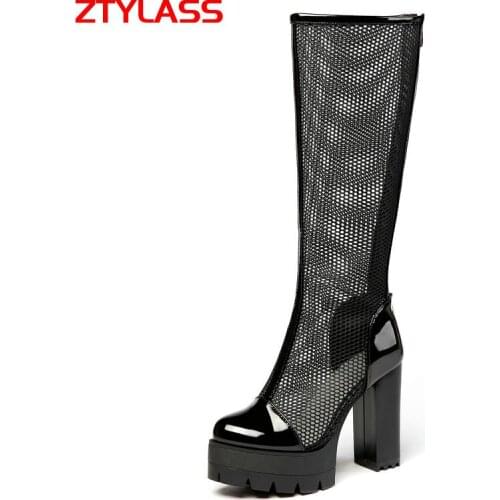 Women Patent Leather Knee High Boots Summer Hollow Mesh Boots Fashion Zipper Thick High Heel Platform Shoes Black White