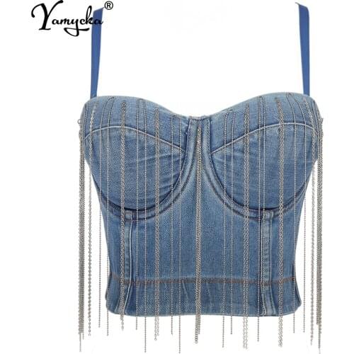 Sexy denim Chain tassel corset crop top women summer halter bustier tank y2k top off shoulder party clubwear Cropped womens tops