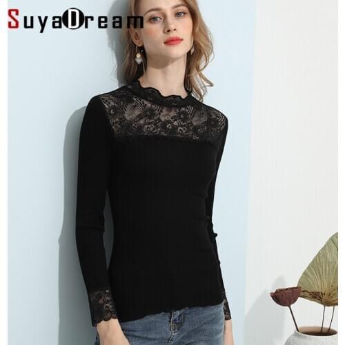 SuyaDream Woman Lace Sweaters 70%Silk 30%Cotton Mock Neck Wine Pullovers 2020 Fall Winter Bottoming Shirts