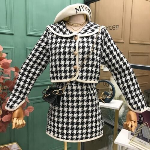 2021 New Autumn Houndstooth Vintage Two Piece Set Women Crop Top Short Tweed Jacket Coat + Mini Bodycon Skirt Sets Ladies Suits
