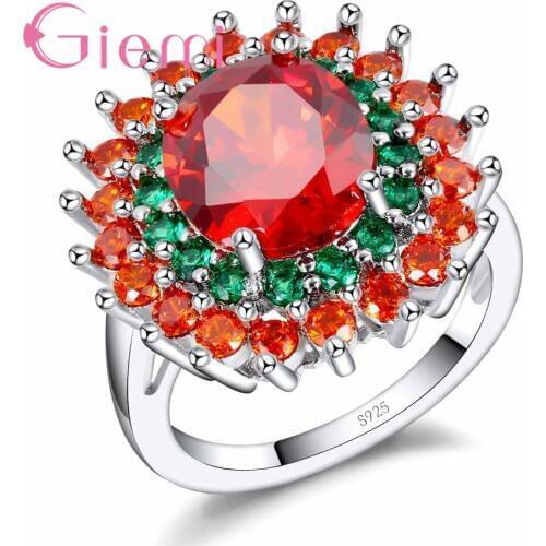 Fast Shipping Personality Beautiful Red Green Flower Crystal Ring for Fashion Women 925 Sterling Silver Cubic Zirconia