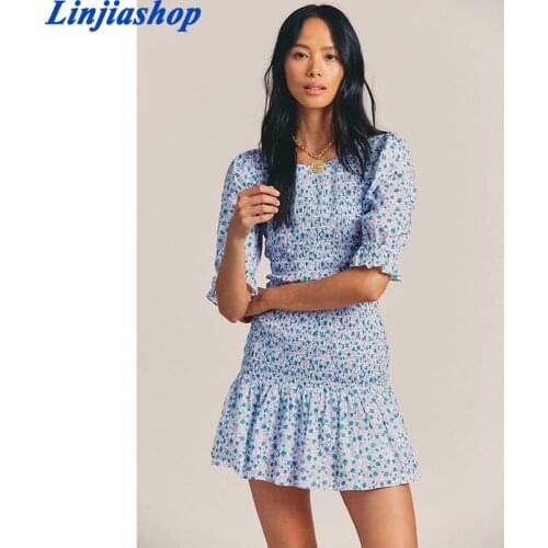 Blue floral Printed Ruffle Mini Dress Smocked puff sleeves cute summer dress round neck sexy women dress new 2021