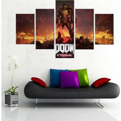 5 Panel HD The Game Poster DOOM Eternal canvas Oil Painting Wall Art Wall for Living Modern Home Decor for Picture Wall Art fram