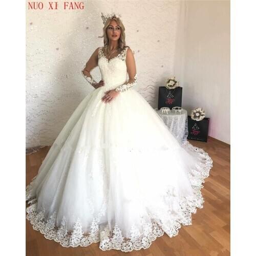 Princess Ball Gown Wedding Dresses 2020 Illusion Long Sleeves White Puffy Tulle Vestido De Novia Lace Appliques suknia slubna