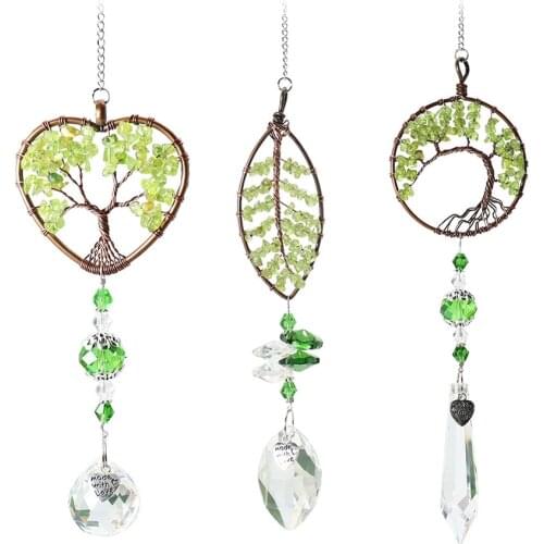 Chakra Quartz Natural Stone Crystal Tree of Life Healing Window Ornament with Crystal Ball Drop Icicle Prism