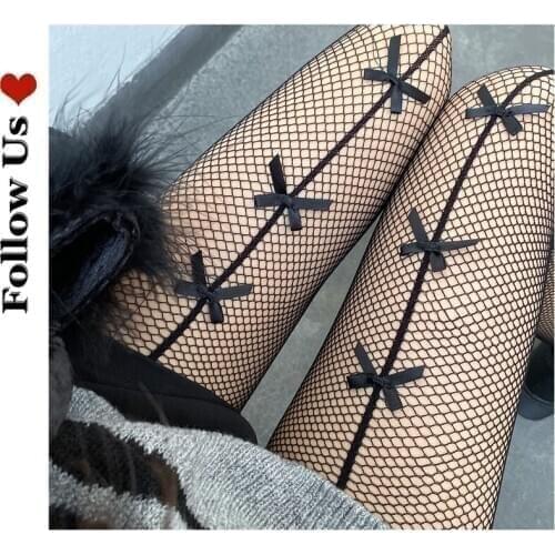 Black Fishnet Stockings Female 2021 Fashion Sexy Hollow Breathable Bottoming Pantyhose Tights Bow Shaping for Women Pantyhose