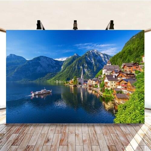 Blue Sky White Clouds Mountain Lake Town Scenery Travel Picture Background Studio Photography Photo Cloth Can Be Customized