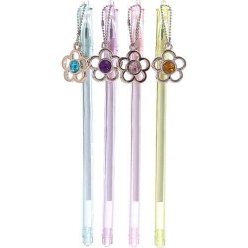 4pc Plum Blossom Gem Pendant Gel Pen Kawaii Learning Stationery Creative Writing Black Signature Marker Office School Supplies