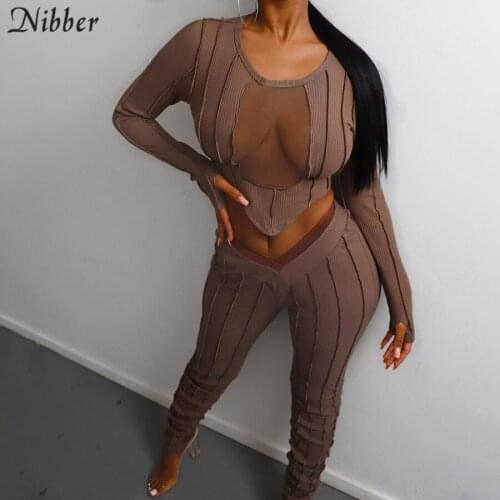 Nibber Sexy See Through Patchwork Tops Leggings 2Two Piece Sets Women Autumn Winter Street Casuale Tee shirts Pants Suits Female