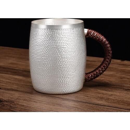 S999 Sterling Silver Handmade Hammer Pattern Mug For Tea Large Beer Coffee Cup With Handgrip