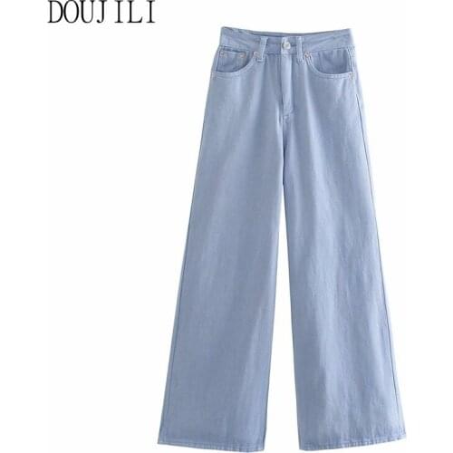 DOUJILI Fashion Women Loose Jeans Light Blule Zipper Pocket Long Wide Pants Denim Casual Wearing Trousers
