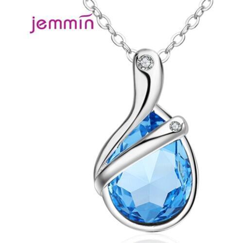 Sea Blue Crystal Pedant Necklace Genuine 925 Sterling Silver Necklace For Women Elegant Jewelry Gift For Wife/Daughter/Friend